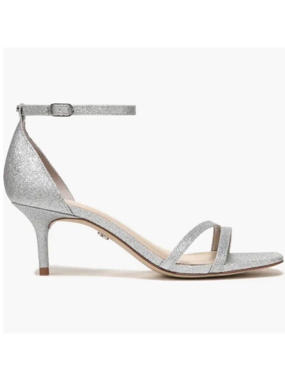 NIB Sam Edelman Peonie Ankle Strap Leather Kitten Heel Sandals in Silver Glitter - Picture 3 of 13